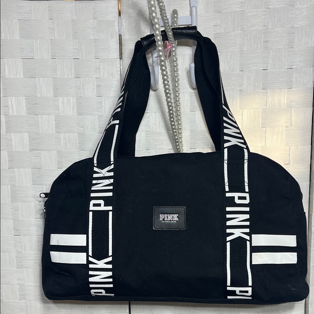 PINK Victoria's Secret Black Canvas Logo Strap Weekender
